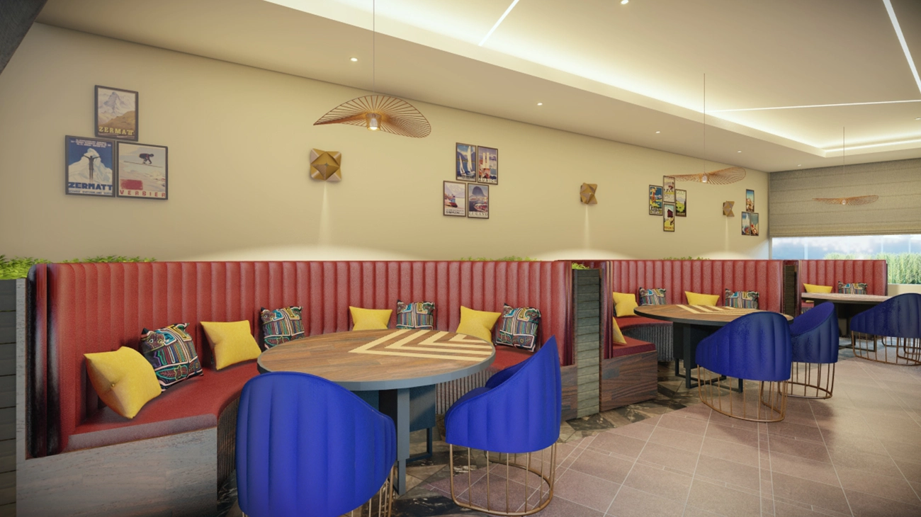 Swiss-inspired restaurant seating and cultural posters