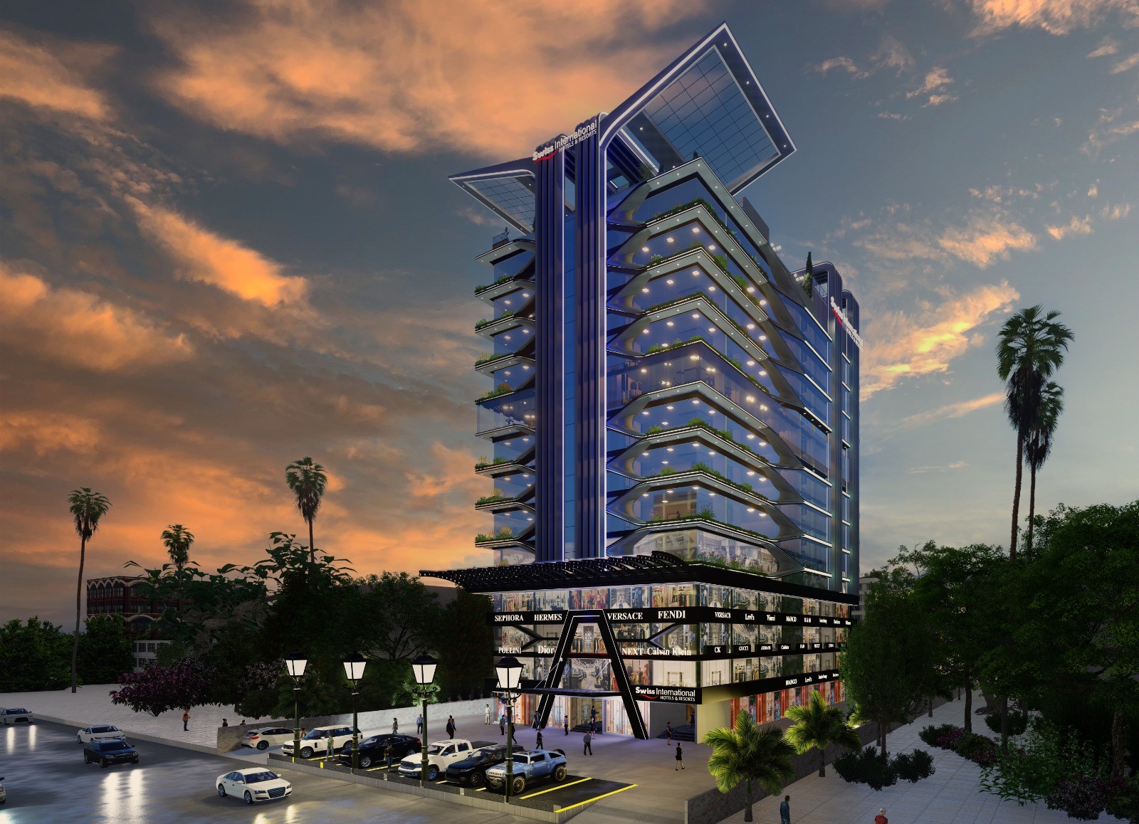 Swiss International Gulberg Lahore hotel exterior at sunset